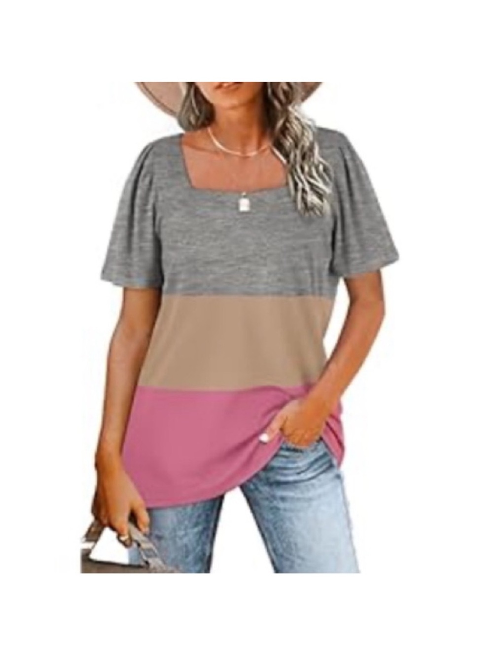 Colorblock Square Neck Short Sleeve Top - Gray, Tan & Pink